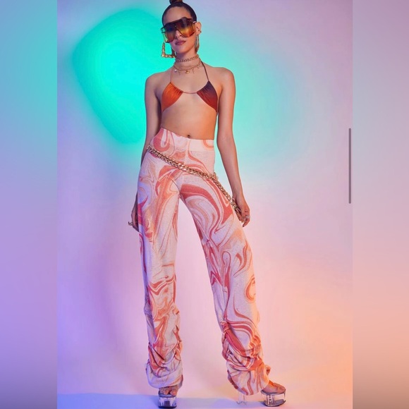 Jaded London ORANGE SWIRL RUCHED HEM PRINTED KNIT JOGGERS - Picture 2 of 3